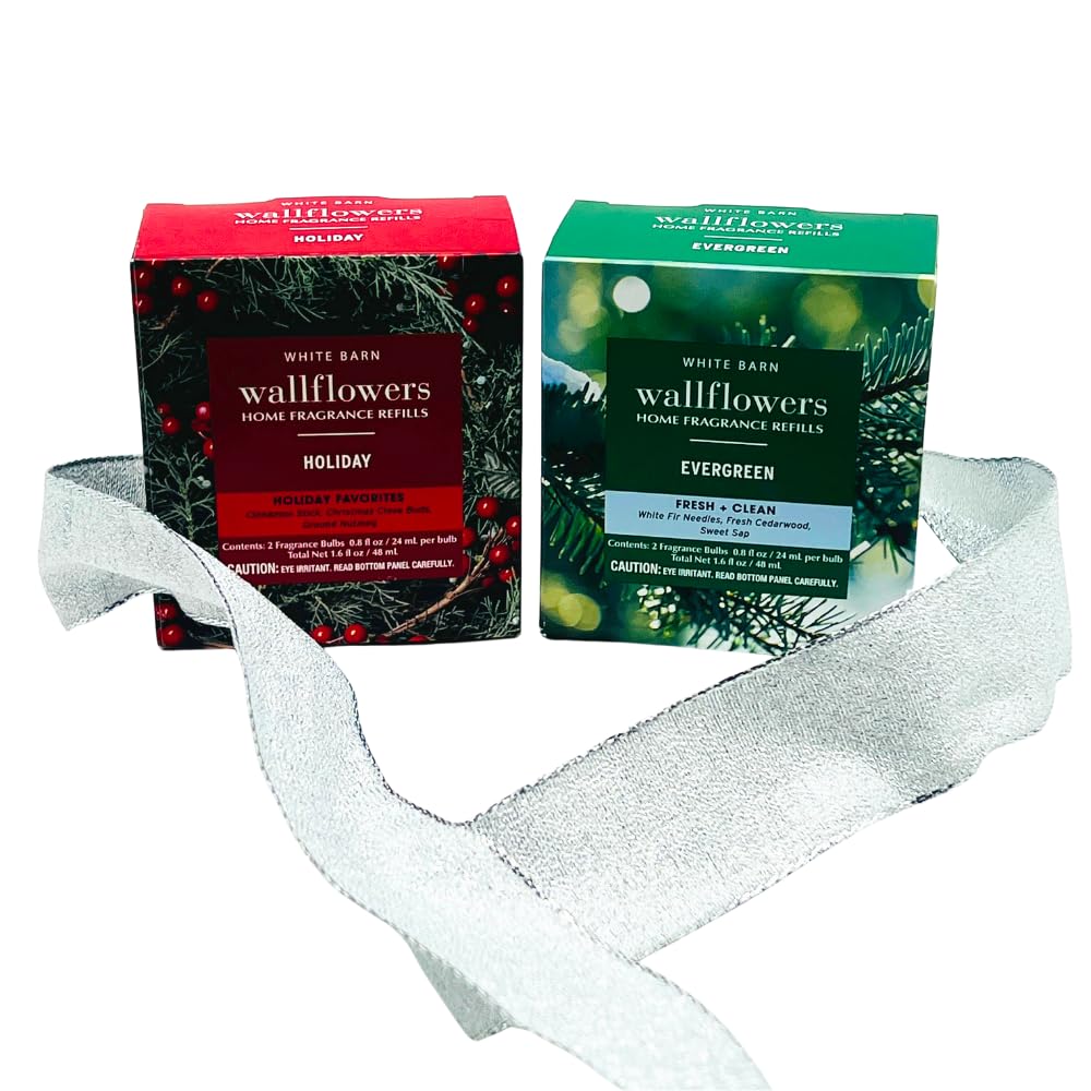 Bath & Body Works HOLIDAY & EVERGREEN Wallflowers Home Fragrance Refill 2pc Bundle Gift Set with 30-Inch Metallic Silver Ribbon Bow – Winter & Christmas Scents - 0.8 fl oz Each
