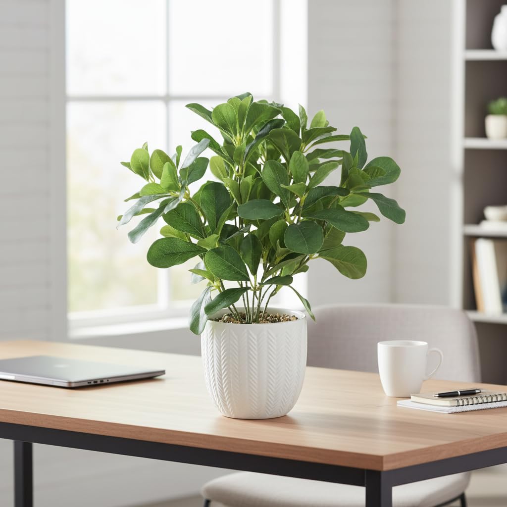Hisow Artificial Potted Plant Leaves, 16.9" Artificial Shrubs Plants Arrangements Fake Eucalyptus Leaves with Vase Faux Greenery Leaf for Home Garden Table Centrepieces Indoor Décor