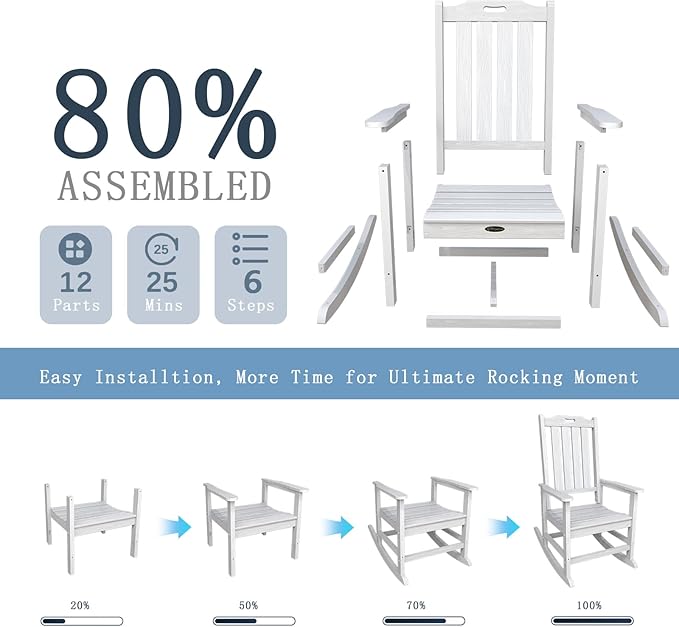 Oversized Rocking Chair, Outdoor Rocking Chair for Adults, All Weather Resistant Porch Rocker for Lawn Garden, White