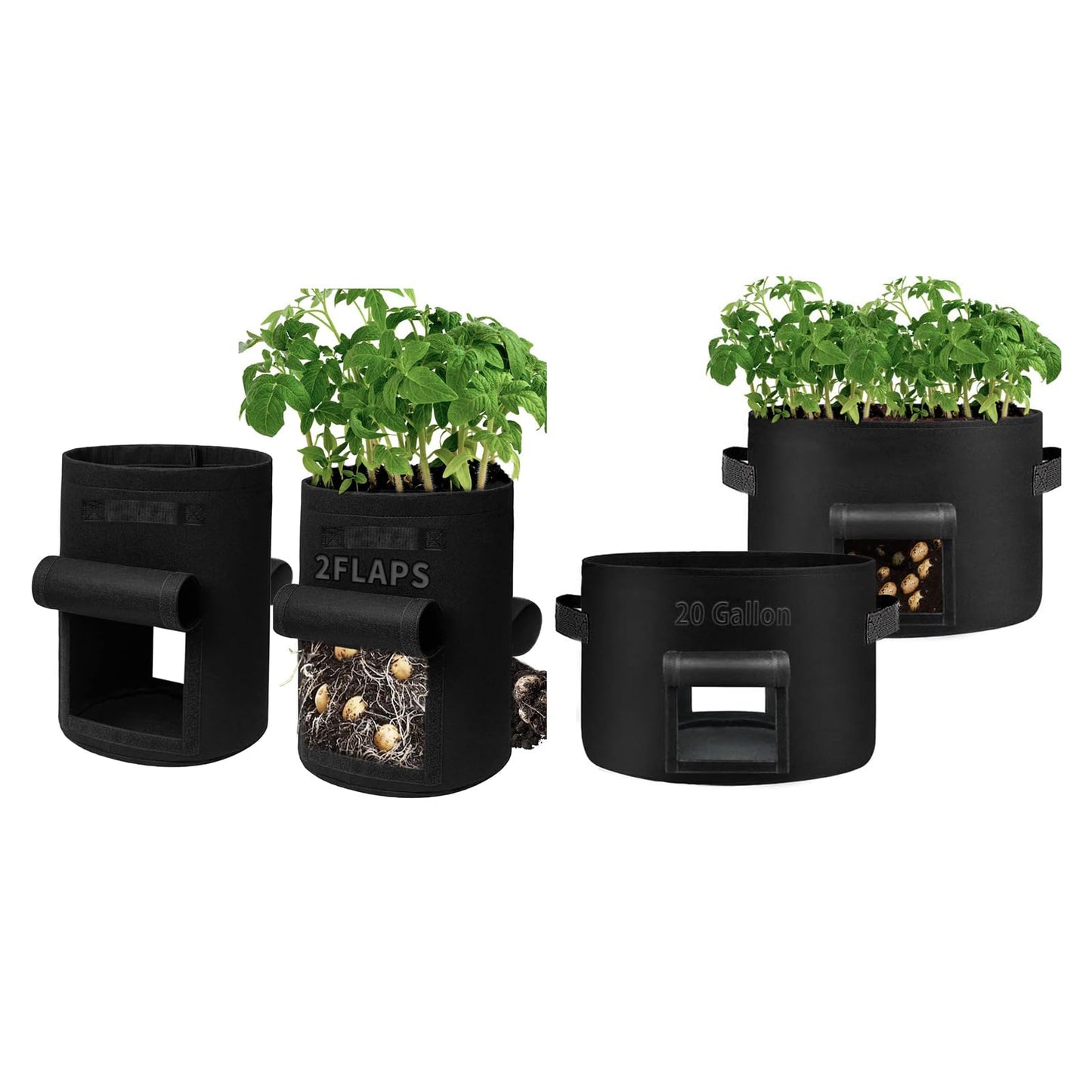 SORANGEUN 2-Pack 15-Gallon+2-Pack 20-Gallon Grow Bags with 2 Flaps and Reinforced Handles,Non-Woven Potato Grow Bags, Thickened Aeration Fabric Pots for Potatoes, Tomatoes, Flowers, and Vegetables