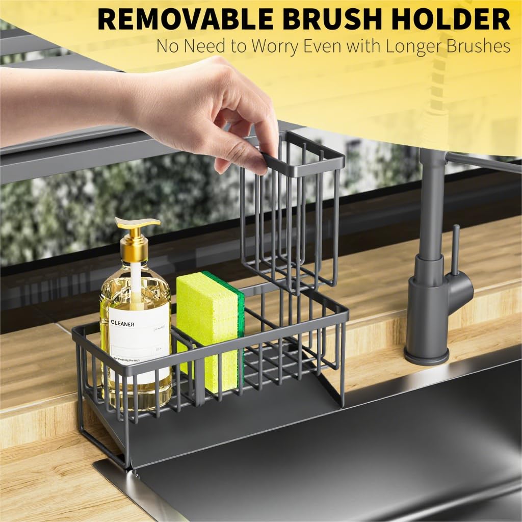 Cisily Kitchen Sink Caddy Organzier with High Brush Holder, Sponge Holder for Sink, 304 Rustproof Stainless, Kitchen Countertop Soap Dispenser Organizer, Kitchen Decor and Accessories