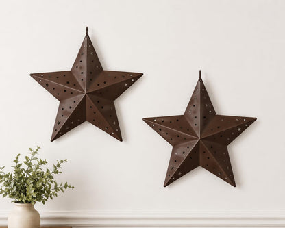 HAPPY DEALS ~ Rustic Metal Star Wall Decor Set of 2 with Punched Star Cutouts, 8 Inches, Brown