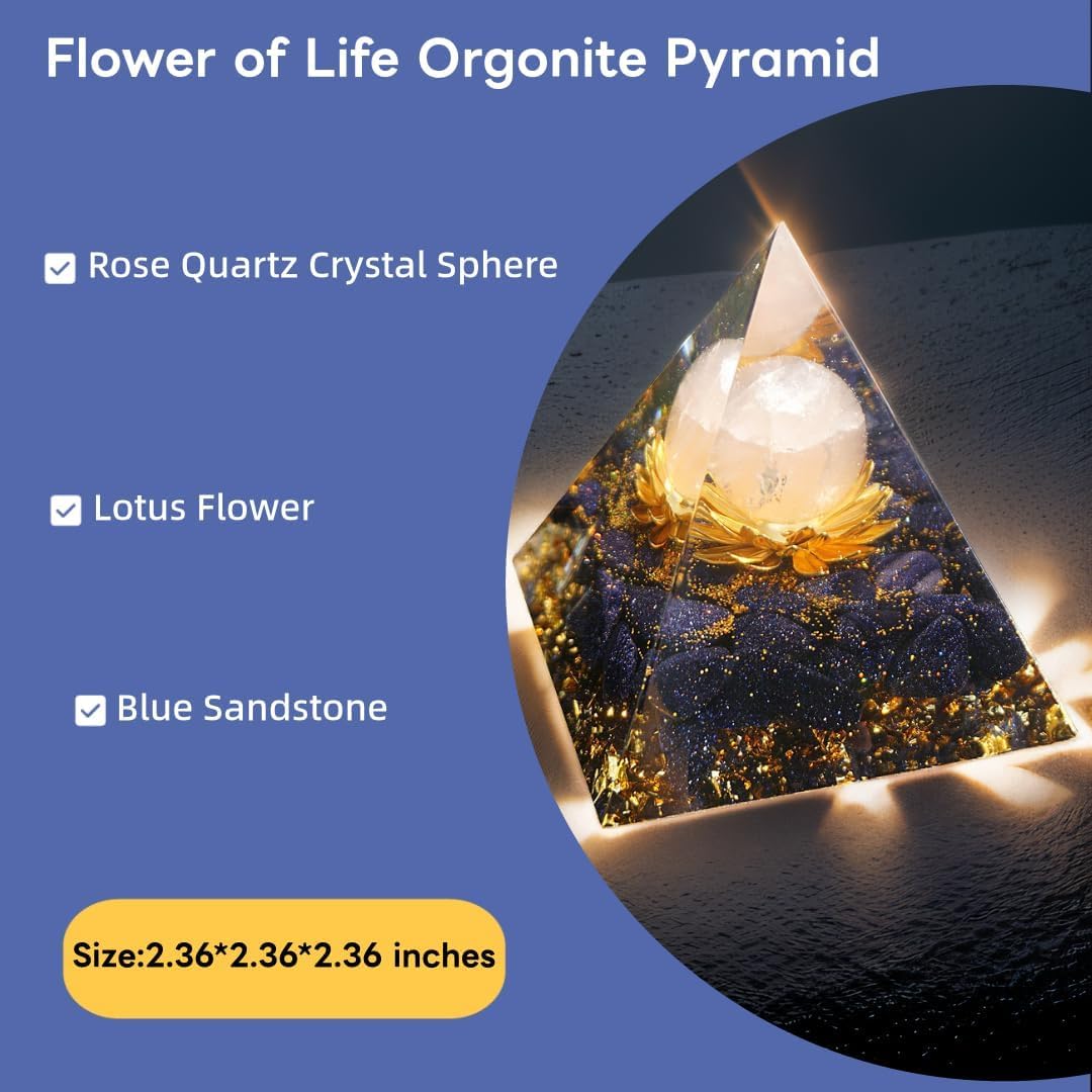 EternalOrgone New Inspirational Crystal Pyramid Orgone Pyramids Flower of Life Rose Quartz with Blue Standstone Reiki Charged Energy Pyramid Generator for Protection Meditation Orgonite Pyramids
