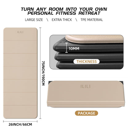 ILILI Foldable Yoga Mat, 10mm Thick, TPE Material, Extra Long 75"L x 26"W, Soft and Comfortable Folding Mat 0.4 Inches, Easy to Carry and Store, 190*66cm Portable Multi-Functional Use for Yoga, Home Exercise & Outdoor