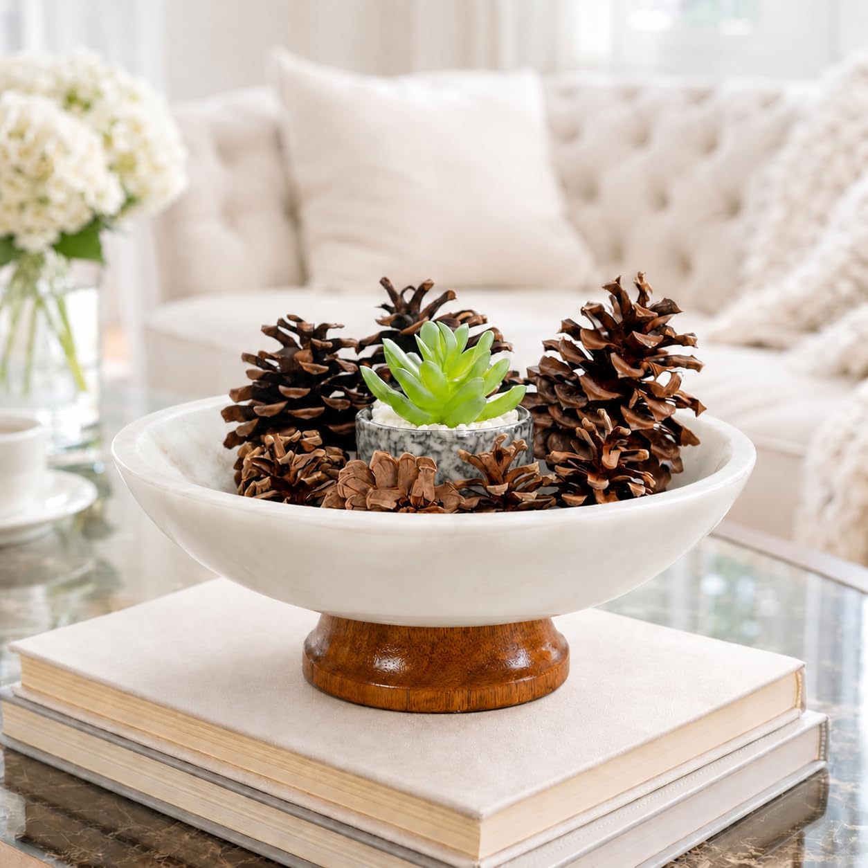 White Marble Fruit Bowl with Pedestal, 11" Large Decorative Centerpiece Bowl for Dining Table, Modern Kitchen Counter Fruit Bowl, Handcrafted Stone Marble Bowl, Luxury Home Decor Accent