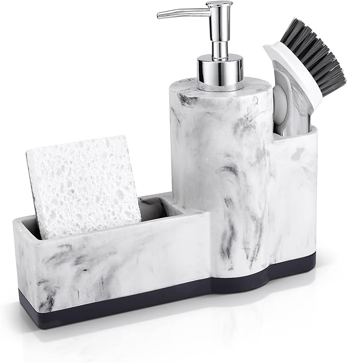 zccz Soap Dispenser with Sponge Holder and Brush Holder, Marble Pattern Kitchen
