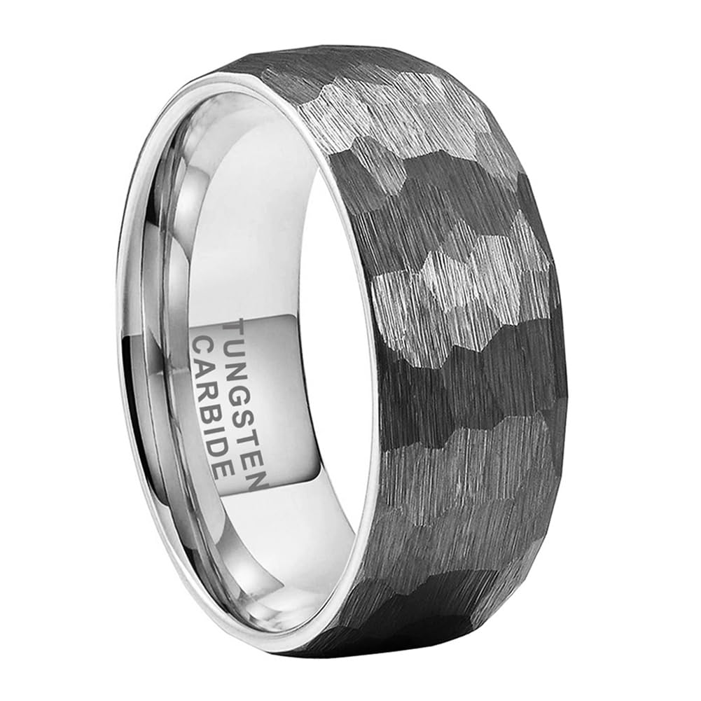 TUTISS 8mm Hammered Tungsten Rings for Men Women Fashion Engagement Wedding Bands Domed Matte Finish Comfort Fit Size 9.5