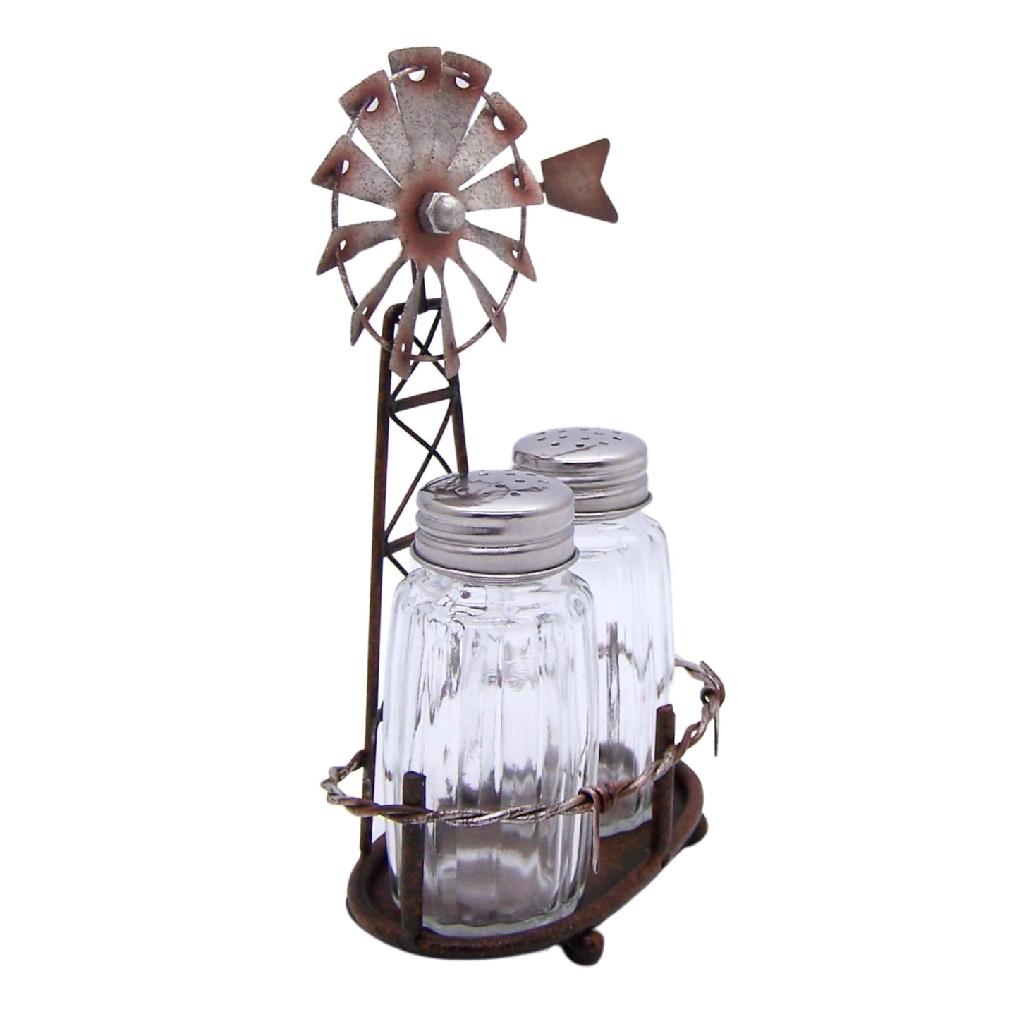 Windmill Salt and Pepper Set Holder, Unique Rustic Décor, Shakers Included, 6.5 Inches