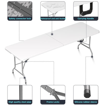 HLPB Folding Table Picnic Table, 8 ft Portable Camping Table with Handle and Safety Locks, Foldable Table Plastic Dining Table Indoor Outdoor for Camping, Picnic and Party