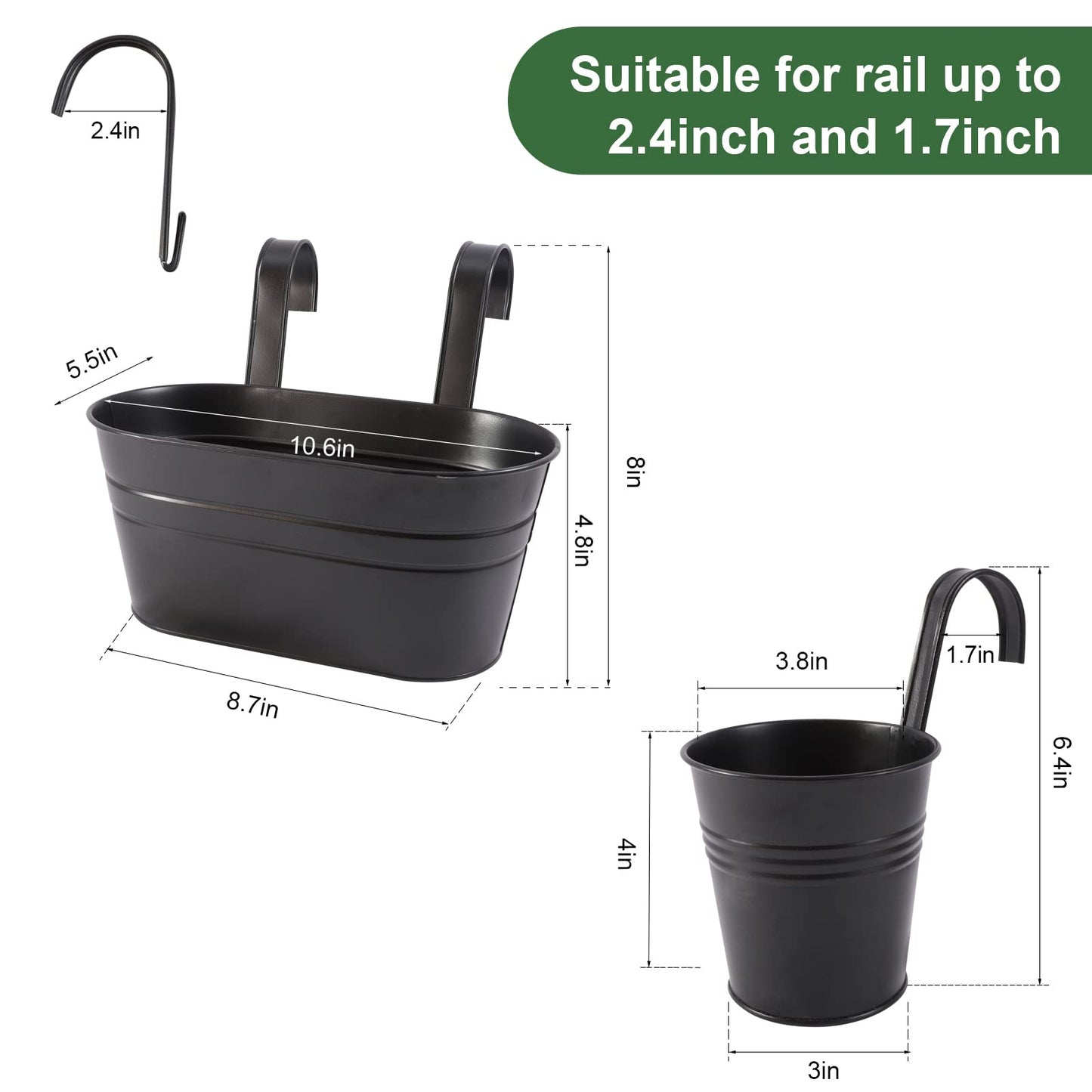 HowRU Metal Iron Flower Pots for Railing Fence Hanging Bucket Pots(5 Pcs) and Hanging Flower Pots Metal Iron Bucket Planter(10 Pcs) (Black)