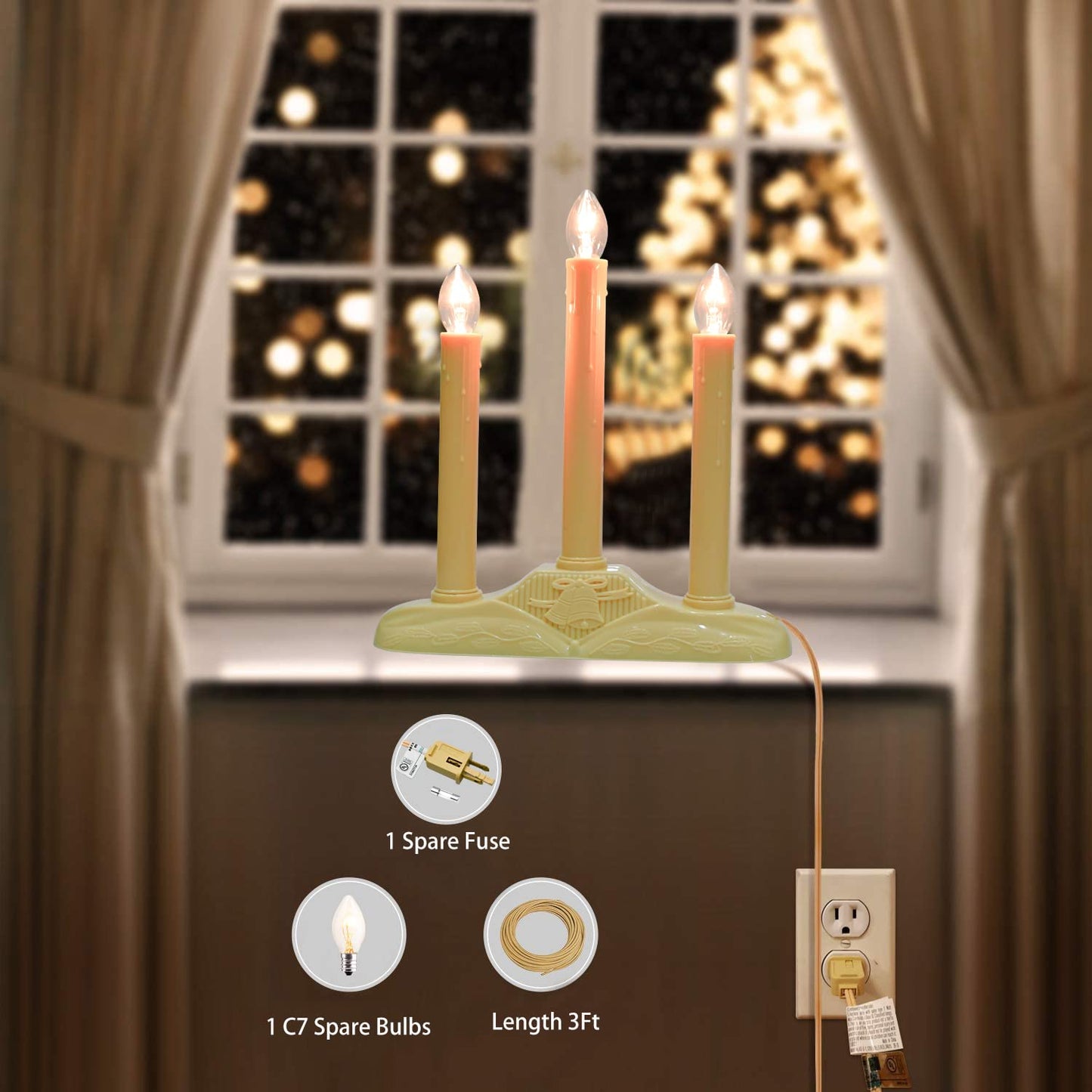 Oviejo 3 Light Christmas Window Candles, Electric Window Candle Lamp Lights Plug in Christmas Candle Lamp with 4 C7 Clear Bulbs (1 Spare Bulbs), Ivory Bases Plug in Candle for Decorations