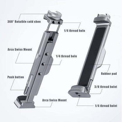 Full Metal Tablet Tripod Mount 7.9 -12.9 Inch Tablet Holder Horizontally & Vertically Position with 1 Rotatable Cold Shoe, 2 Arca Swiss Plate for iPad Video Camera Vlog Shooting Live Streaming