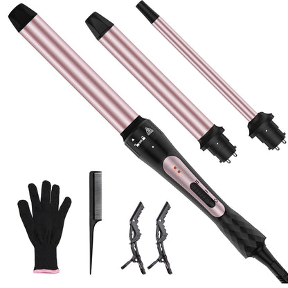 3 in 1 Curling Iron, Curling Wand Set with 3 Interchangable Ceramic Beach Waves Wands(0.75"-1.25"), Dual Voltage 30s Fast Heating with Heat Resistant Glove & 2 Clip for Long/Short All Hairstyle