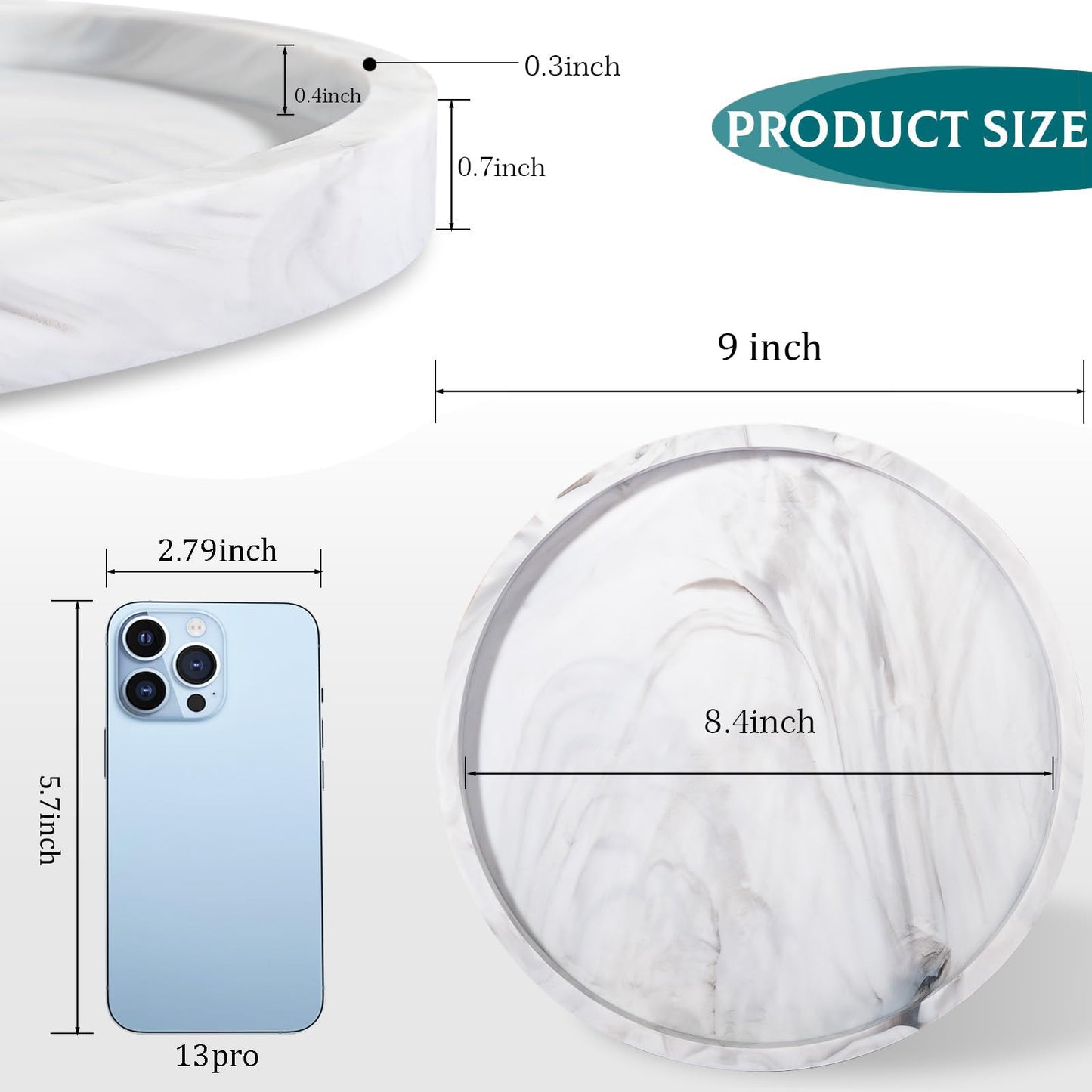 Silicone Bathroom Tray Round Vanity Tray Decorative Soap Holder Kitchen Countertop Organizer Coffee Table Decor for Candle, Perfume, Plant, 9 Inch, Marble Grey