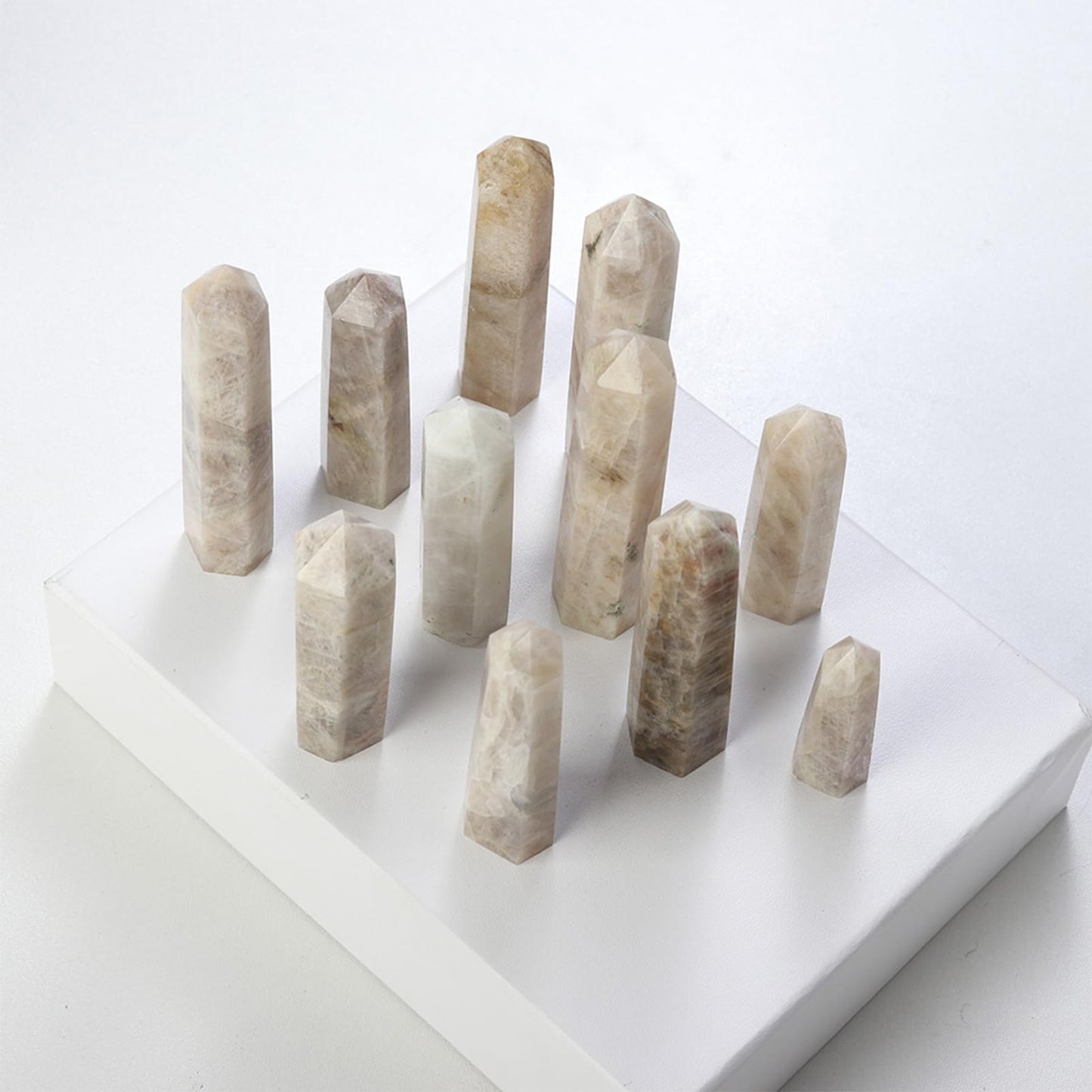 Runyangshi 1PCS Natural Crystal Moonstone Tower 2.75"-3.14" (7-8 cm) 6 Faceted Single Point Prism Healing Crystal Wand for Meditation Reiki Chakra Therapy