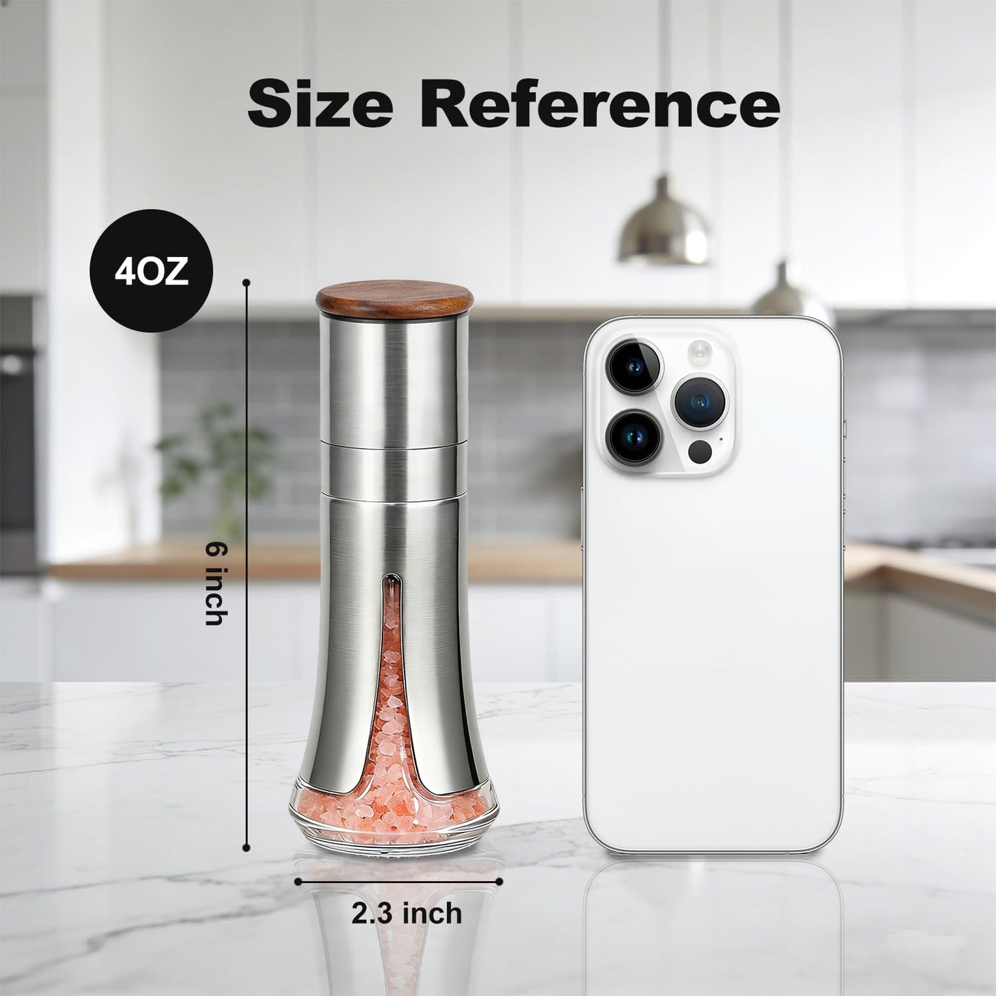 Aelga Salt and Pepper Grinder Set Manual - 4oz Stainless Steel Pepper Mill with 5-Level Adjustable Coarseness, Refillable Glass Salt Grinder with Wood Lid, Silicone Funnel, Modern Kitchen Gift Set