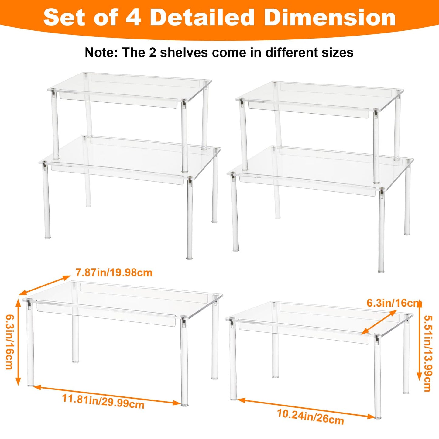 Afcabakila 4 Pcs Clear Acrylic Cabinet Organizer Shelves, Stackable Spice Rack & Shelf Riser for Kitchen Pantry, Countertop, Bathroom, Desk & Cupboard Storage, Versatile Display Organizer for Makeup