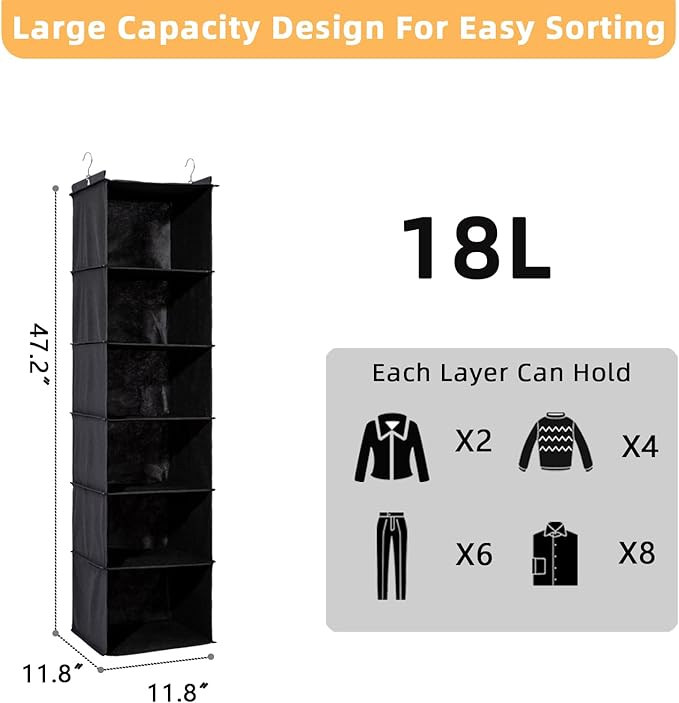 2 Packs Hanging Closet Organizer, 6-Shelf Closet Organizers and Storage