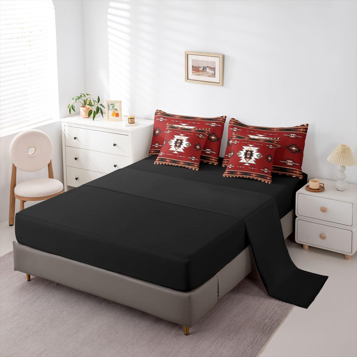 Erosebridal Western Comforter Set 7-Piece Bed in a Bag Twin | Southwest Native Geometric Bedding Sets Exotic Nordic Style Aztec Comforter and Sheet Set, Sriped Diamond Triangle Room Decor,Red