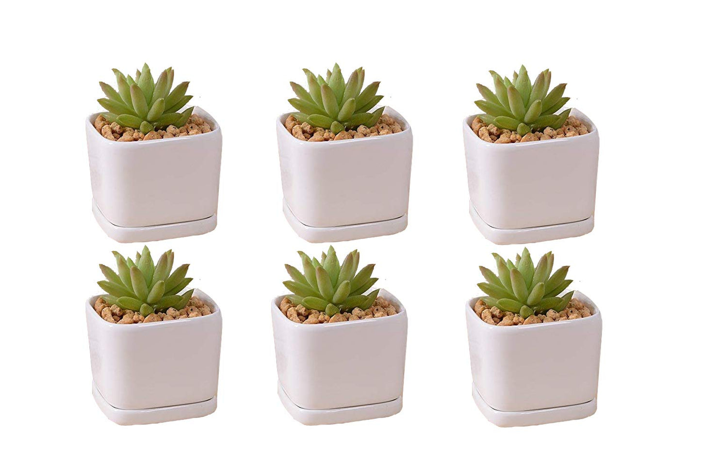SeaStar Ceramic Succulent Mini Planter Pot,Mini 6 Set 2x1.65x2inch Square Modern Minimalist White/Window Box with Saucer for Office,Desk,House Balcony Landscape