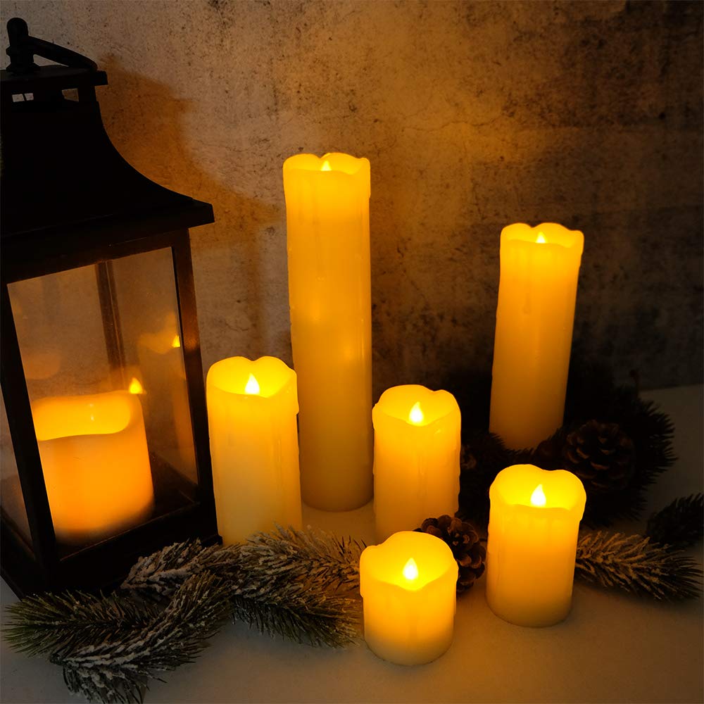 DRomance Flameless Flickering Candles Battery Operated(Battery Included) with 6 Hour Timer, Set of 6 Dripping Wax LED Pillar Candles Halloween Christmas Home Decor(Ivory, 2" D x 2"-9" H)