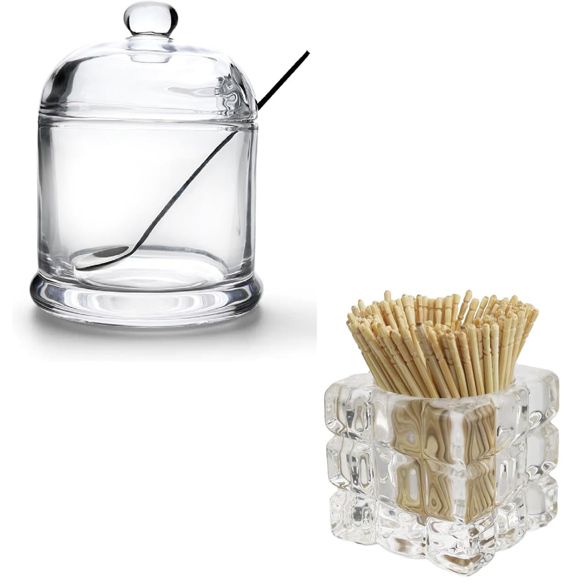 HillSpring Glass Toothpick Jar with 200 Bamboo Toothpicks, 1 Pack + Thick Glass Salt Cellar with Stainless Steel Spoon, Heavyweight Spices Jar, 10 oz, 1 Pack