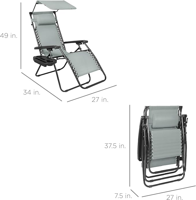 Best Choice Products Folding Zero Gravity Outdoor Recliner Patio Lounge Chair w/Adjustable Canopy Shade, Headrest, Side Accessory Tray, Textilene Mesh - Stardew