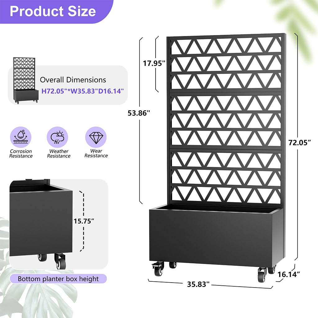 Metal Planter Box with Trellis and Wheels, 72" Raised Garden Bed with Drainage Holes, Privacy Screen, Lockable Casters, Galvanized Carbon Steel Planter for Climbing Plants, Vines, Vegetables, Flowers