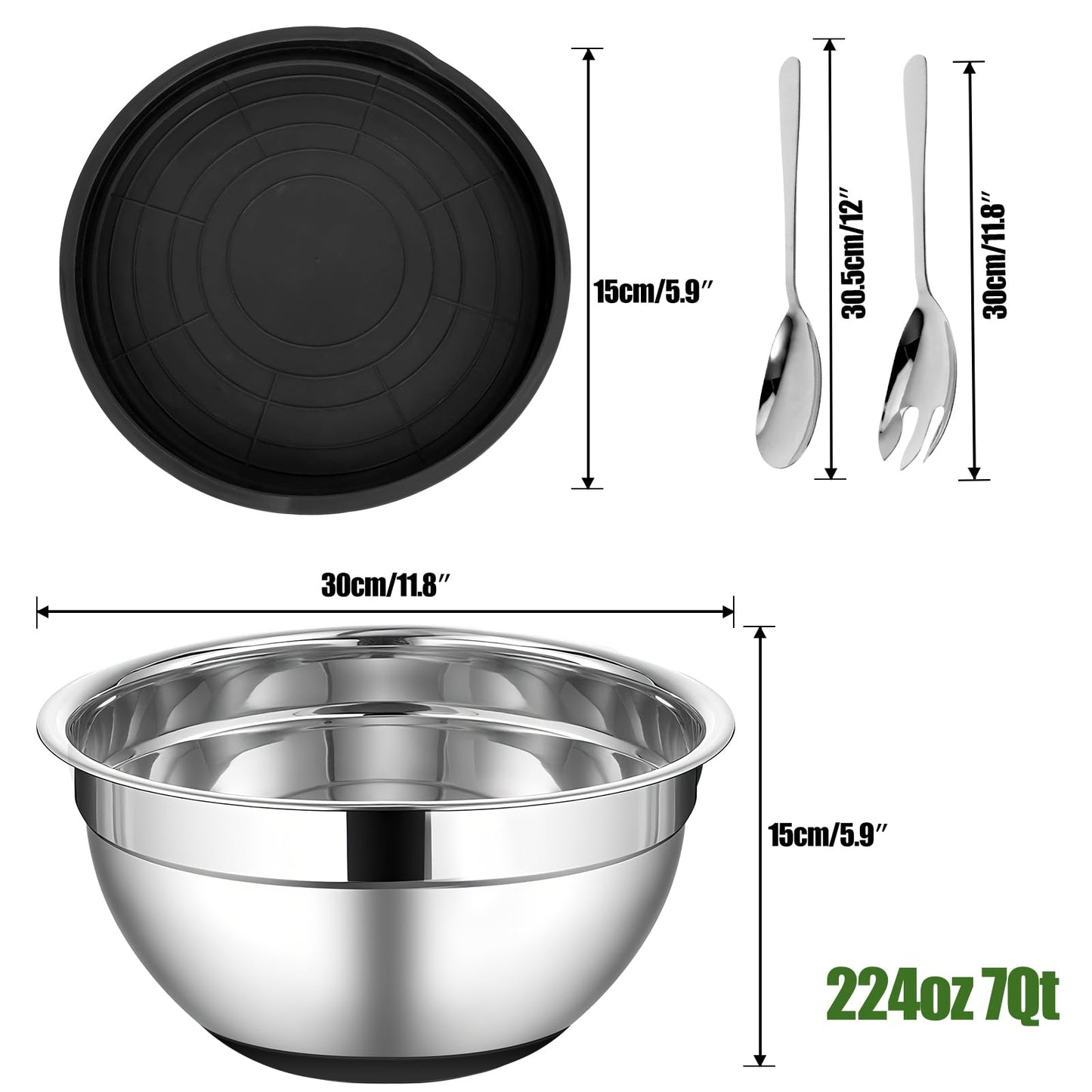 ShineMe Stainless Steel Salad Bowl with Lid, Extra Large Metal Bowl with Serving Utensils for Preparing, Mixing, Marinating, and Serving with Anti-slip Bottom, Unbreakable Kitchen Bowls 7QT