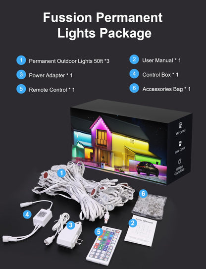 Fussion Permanent Outdoor Lights for House, 150ft RGB Halloween House Lights Outdoor with APP Remote Control, IP67 Waterproof Smart Eternity Eaves Lighting for Christmas, Holiday, Party, Daily