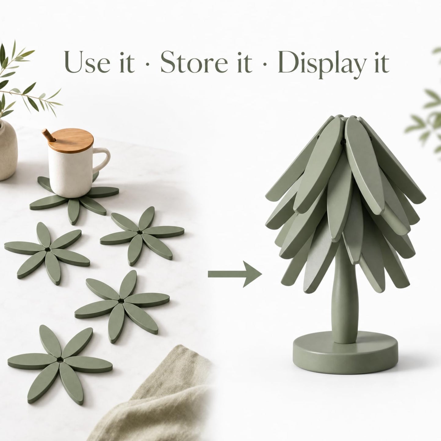 Zhehao Wooden Trivets for Hot Dishes in Sage Green, Trivet Tree Shape Set with 4 Foldable Wood Pot Holders & 1 Stand, Heat Resistant Kitchen Table Mats for Pans Bowls Teapots and Countertops