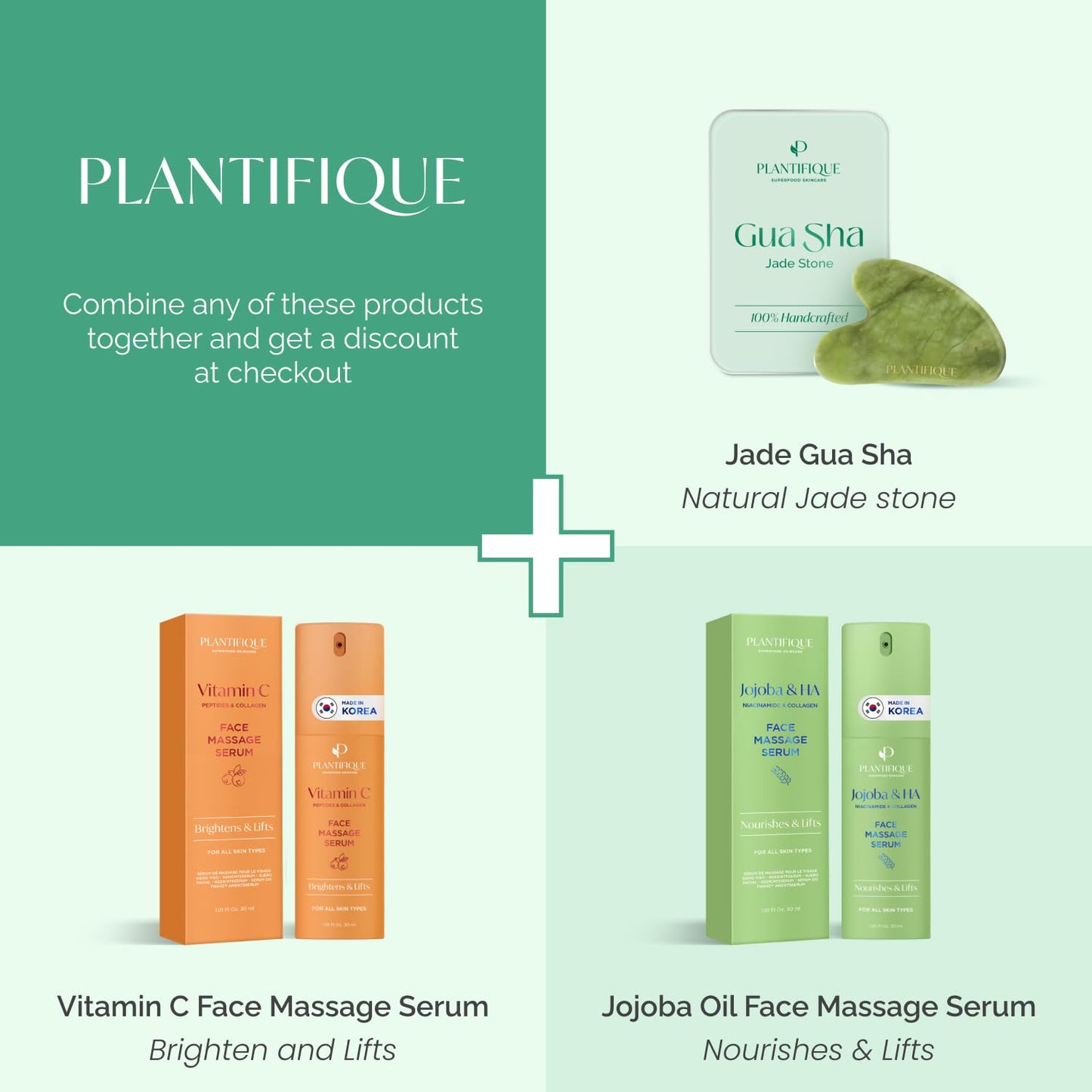 PLANTIFIQUE Jade Roller & Gua Sha Set – Real Jade Facial Tools for Skin Care Routine – Certified Face Massager for Radiant Skin
