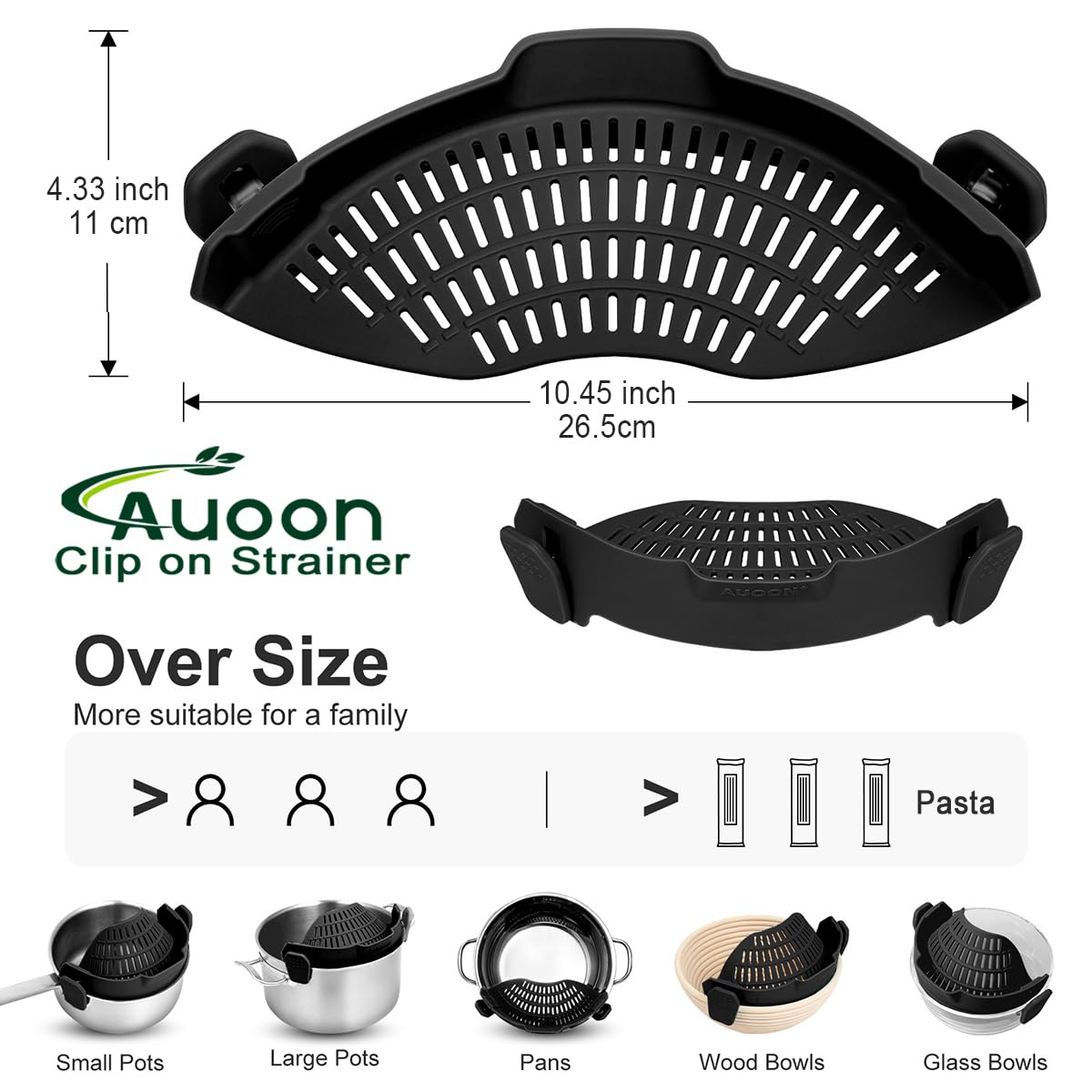 AUOON Clip On Strainer Silicone for All Pots and Pans, Pasta Strainer Clip on Food Strainer for Meat Vegetables Fruit Silicone Kitchen Colander