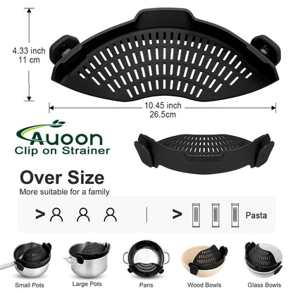 AUOON Clip On Strainer Silicone for All Pots and Pans, Pasta Strainer Clip on Food Strainer for Meat Vegetables Fruit Silicone Kitchen Colander