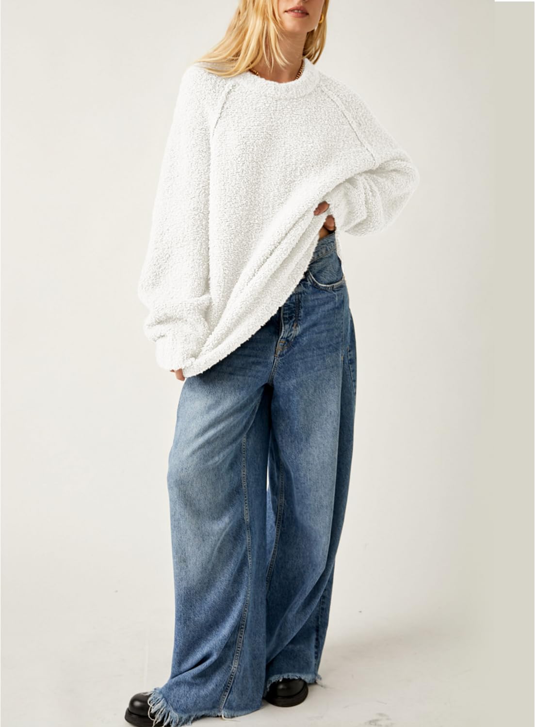 Beaully Women's Oversized Long Sleeve Crewneck Fuzzy Knit Warm Sweaters 2025 Fall Pullover Sweater Tops