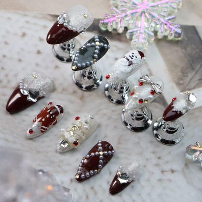 100% Handmade Press on Nails Christmas Press on Nails Medium Almond Shape Dark Red French Tips Snowman Design Rhinestones Christmas Tree Gingerbread Man Wintner Xmas Nails for Women Size M