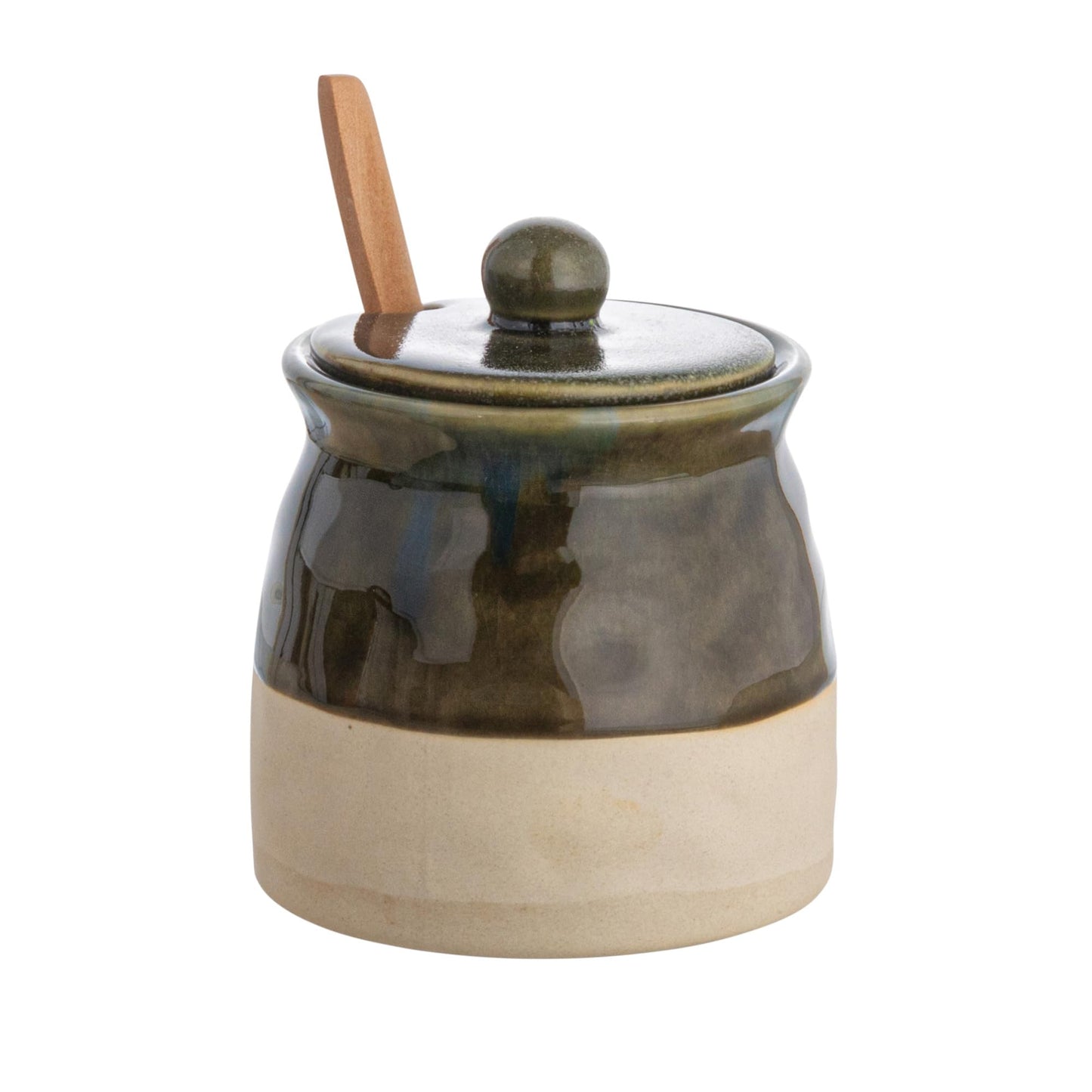 Creative Co-Op Stoneware Sugar Pot with Lid and Wood Spoon, Deep Green Glaze