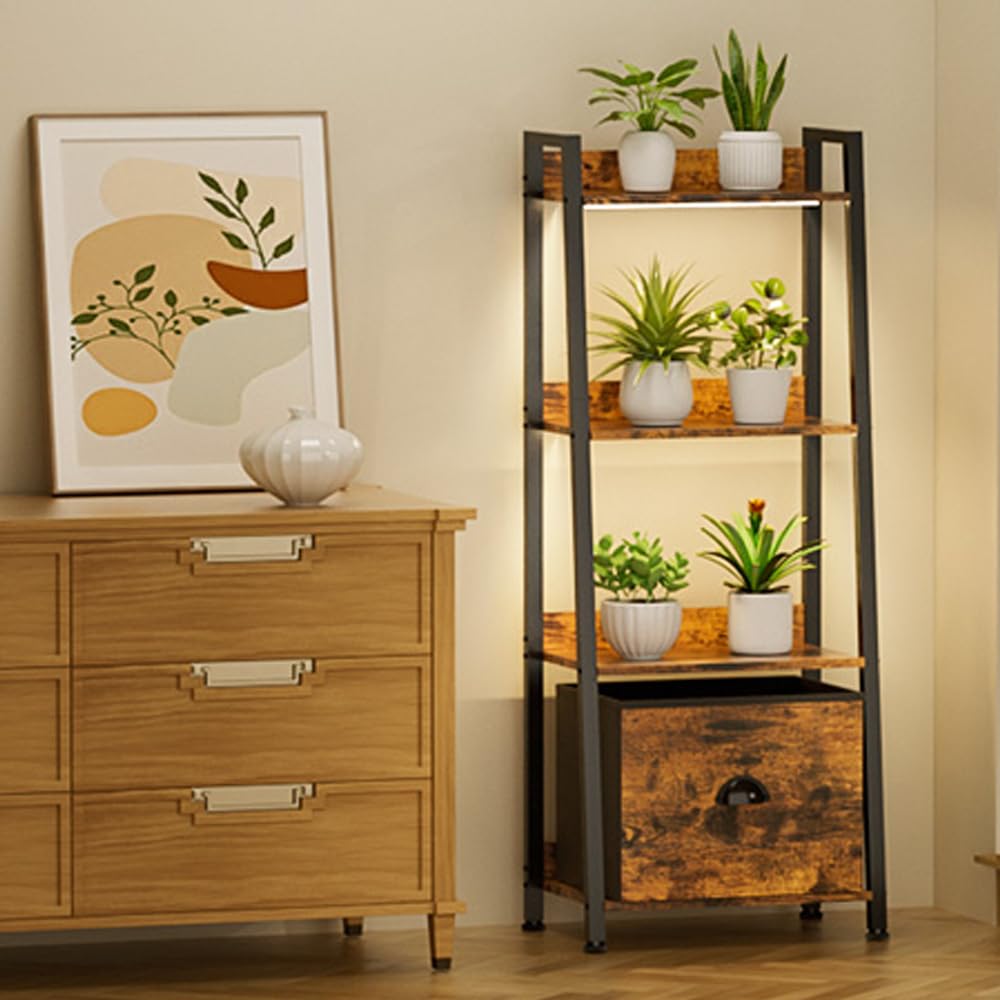 Plant Stand Indoor with Grow Lights, 4 Tiered Indoor Plant Shelf with Drawer, 48" Tall Corner Plant Stands for Indoor Plants, Metal Flower Display Shelves, Sturdy Ladder Plant Rack for Home, Patio