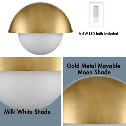 YUBOLE Mid Century Wall Sconce Modern Gold Bathroom Vanity Light Over Mirror with Adjustable Metal Shade and Milky Glass Globe G9 Based Indoor Wall Lamp Wall Mounted Sconce