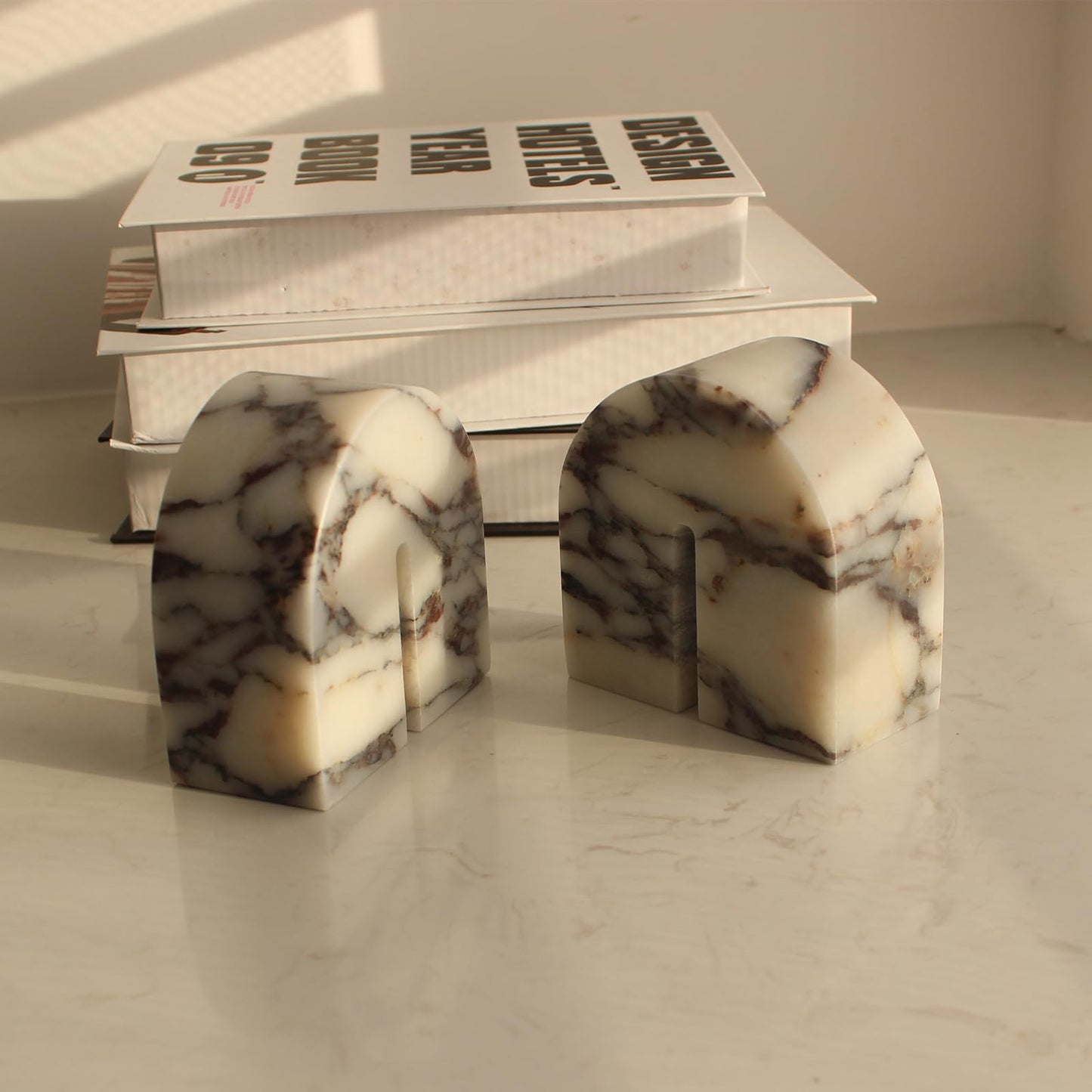 Set of 2 Natural Calacatta Viola Marble Bookends for Shelves, Decorative Book Ends for Heavy Books, Book Stopper Office Bookshelf Decor for CDs/Video Games