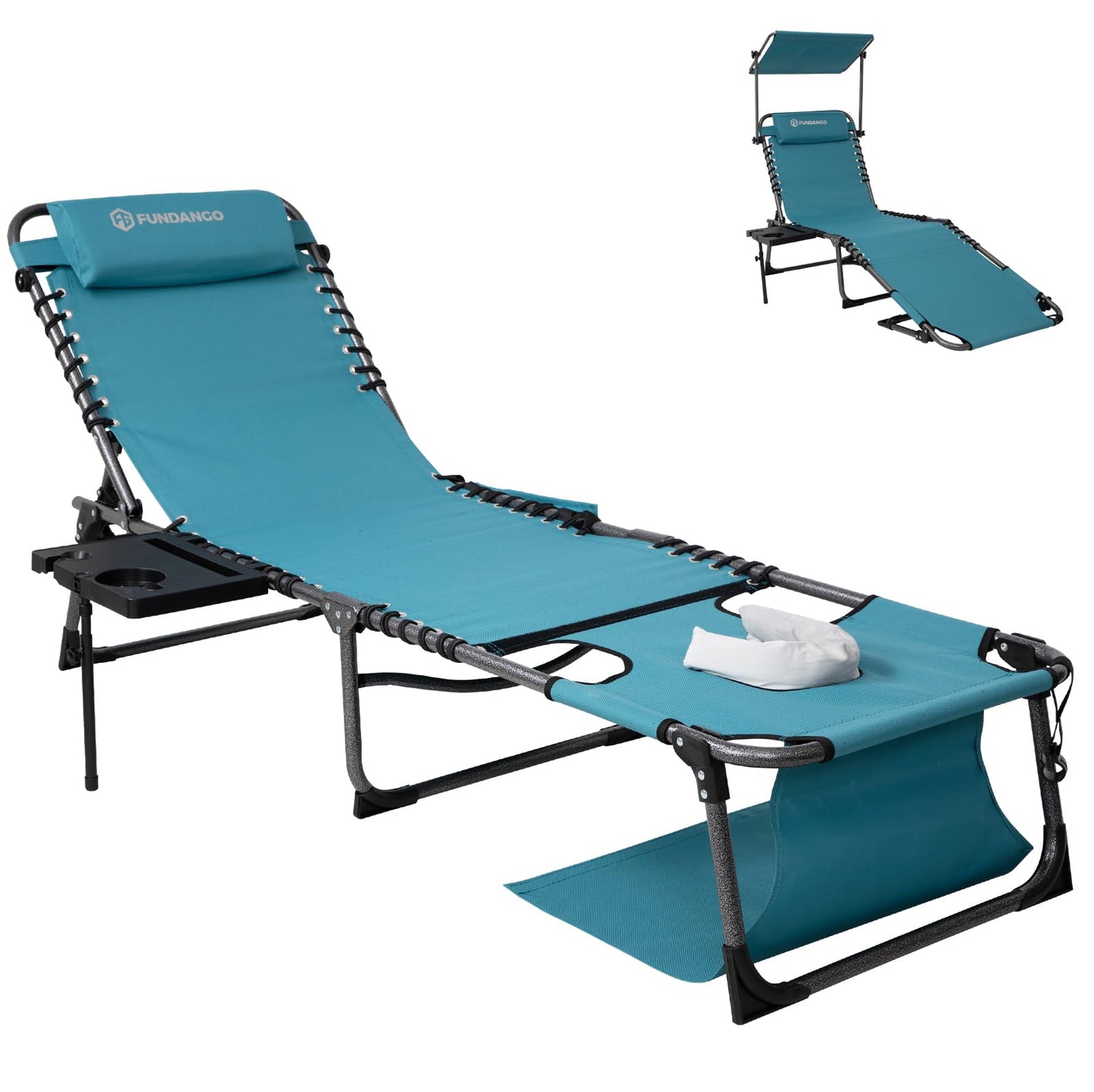FUNDANGO 4 in 1 Tanning Chair with Face Hole, Beach Lounge Chair with Canopy Shade & Side Table Chaise Lounge Chairs for Patio, Pool, Lawn, Sunbathing, 5-Position Adjustable Sun Lounger, Cyan