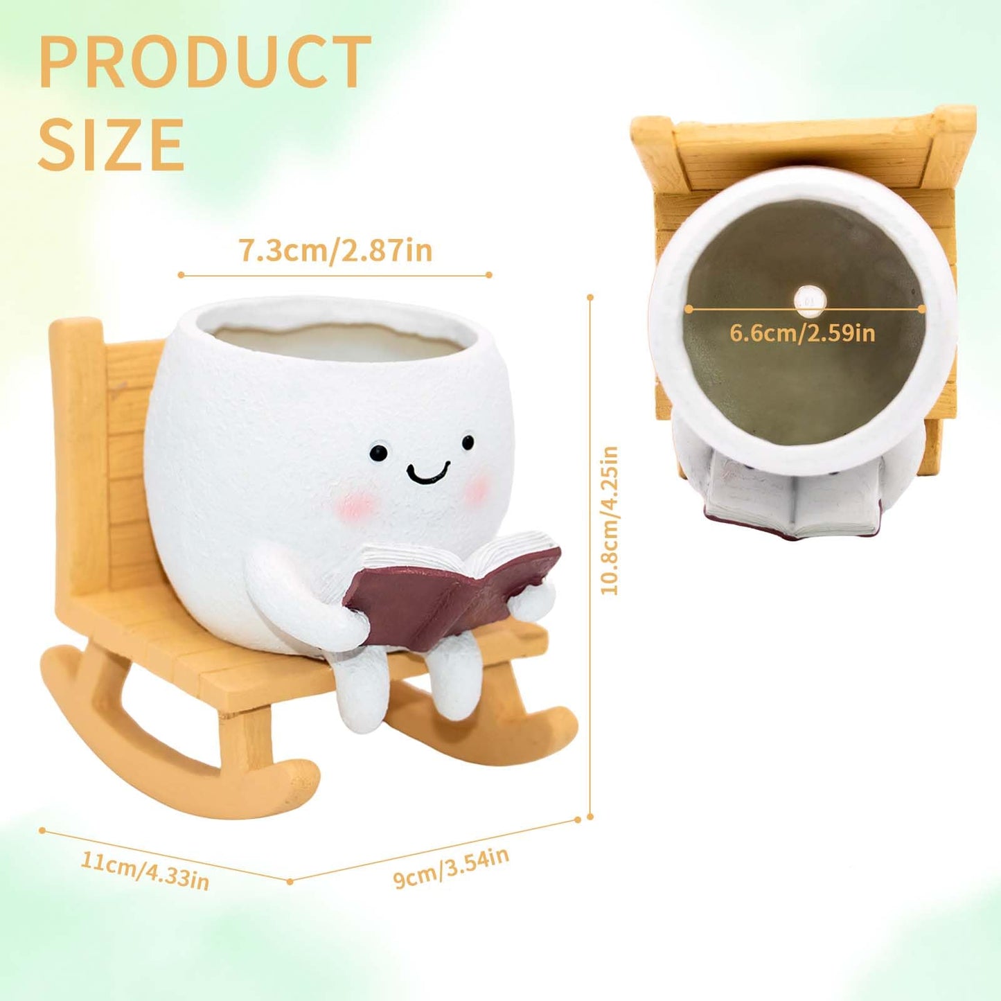 LAUGOKEBE Smily Face Reading Book Planter Pot, Cute Resin Flower Head Planters for Indoor Outdoor, Unique Sit Rocking Chair Succulent Pots with Drainage Hole Gift IdeaI for Christmas