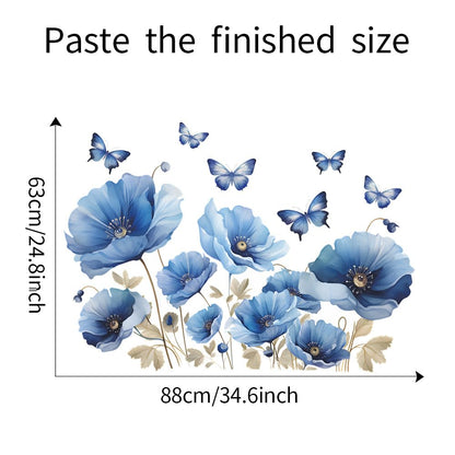 iMagitek Blue Flower Wall Decals Peel and Sticker DIY Floral Butterly Wall Stcikers Murals for Girls Bedroom, Living Room, Kids Room Wall Decor