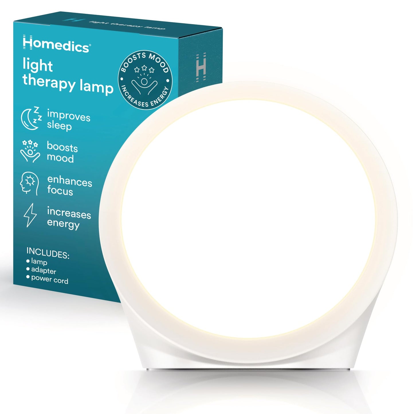 Homedics Light Therapy Lamp, Sun Lamp,10,000 Lux, UV-Free, Full Spectrum LEDs for Improved Sleep, Boosted Mood & Increased Energy, Adjustable Color Temperature, 6 Timer Settings, Compact & Stylish