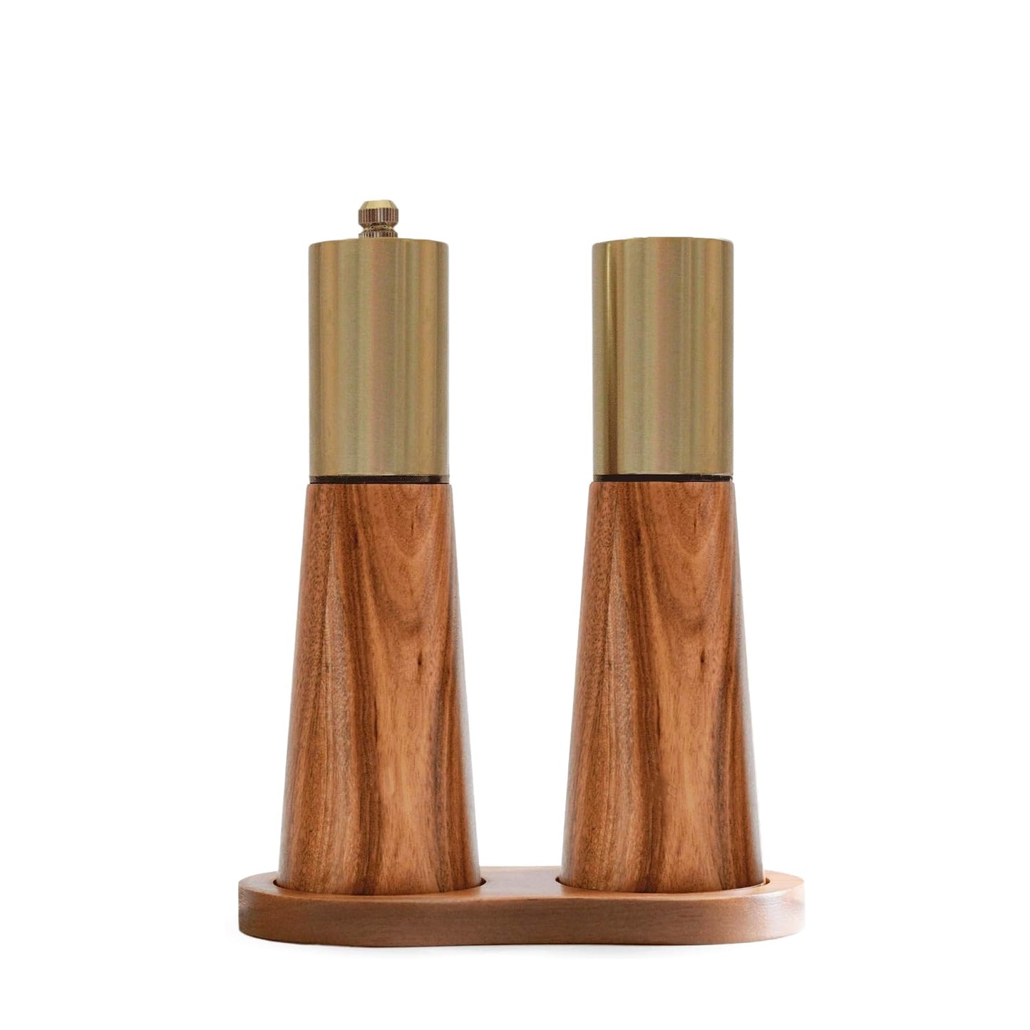 Salt and Pepper Grinder Set, Acacia Wooden Pepper Grinder with Adjustable Coarseness, Refillable Ceramic Blade Grind,Gold Pepper Mill for Kitchen (7.5IN- Acacia Wood-Base)
