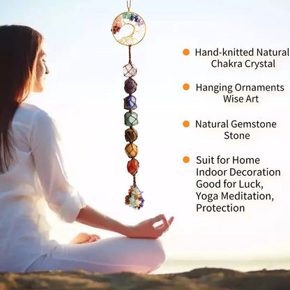 Handmade Tree of Life Ornament 7 Chakra Healing Crystals Hanging Ornament for Car Wall Window Home Decor Christmas Tree (Brown Thread)