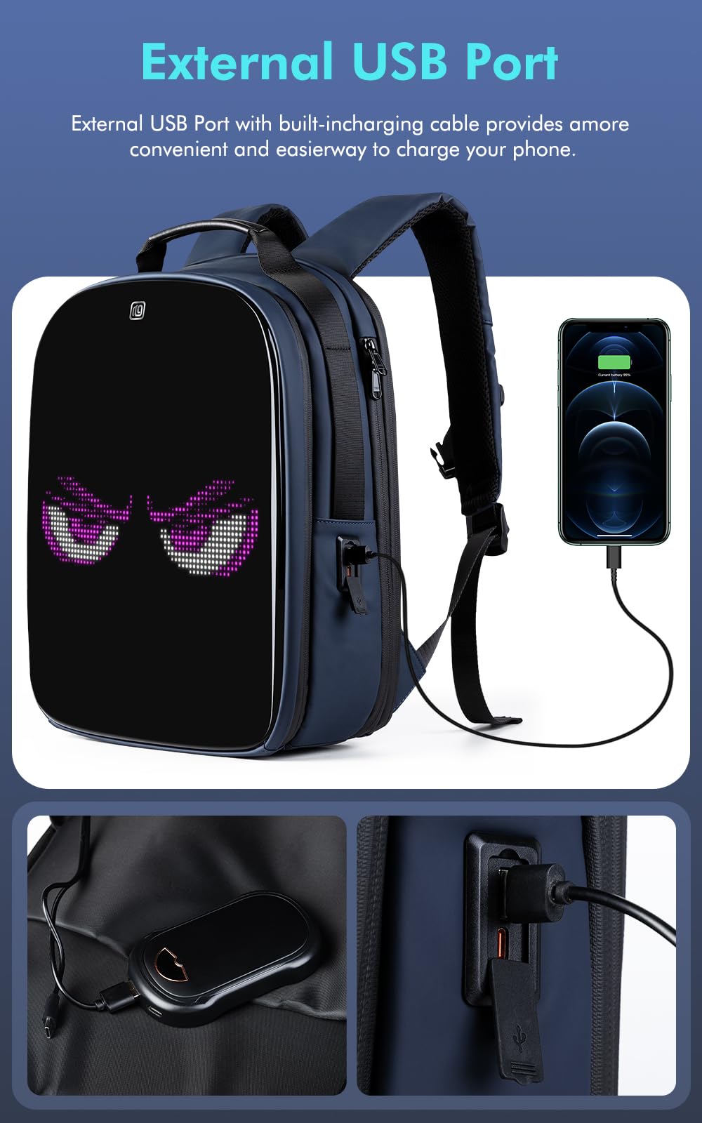 Gelrova LuminaPack X1 LED Backpack with Customizable Display, Expandable 20L to 25L, 15.6 Inch Laptop Compartment, Anti-Theft Design, Lightweight Hard Shell for Travel