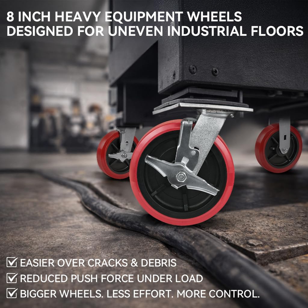 8 Inch Heavy Duty Polyurethane Casters Set of 4 (2 Brake + 2 Rigid), 8x2 Industrial Casters for Heavy-Duty Carts, Equipment Bases, Rated Load 4400 lbs Total, Locking & Straight-Line Control
