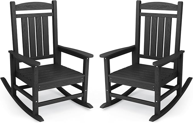KINGYES Oversized HDPE Outdoor Rocking Chair Set of 2, Widened Seat Patio Rocking Chair, All Weather Patio Rocker, Black