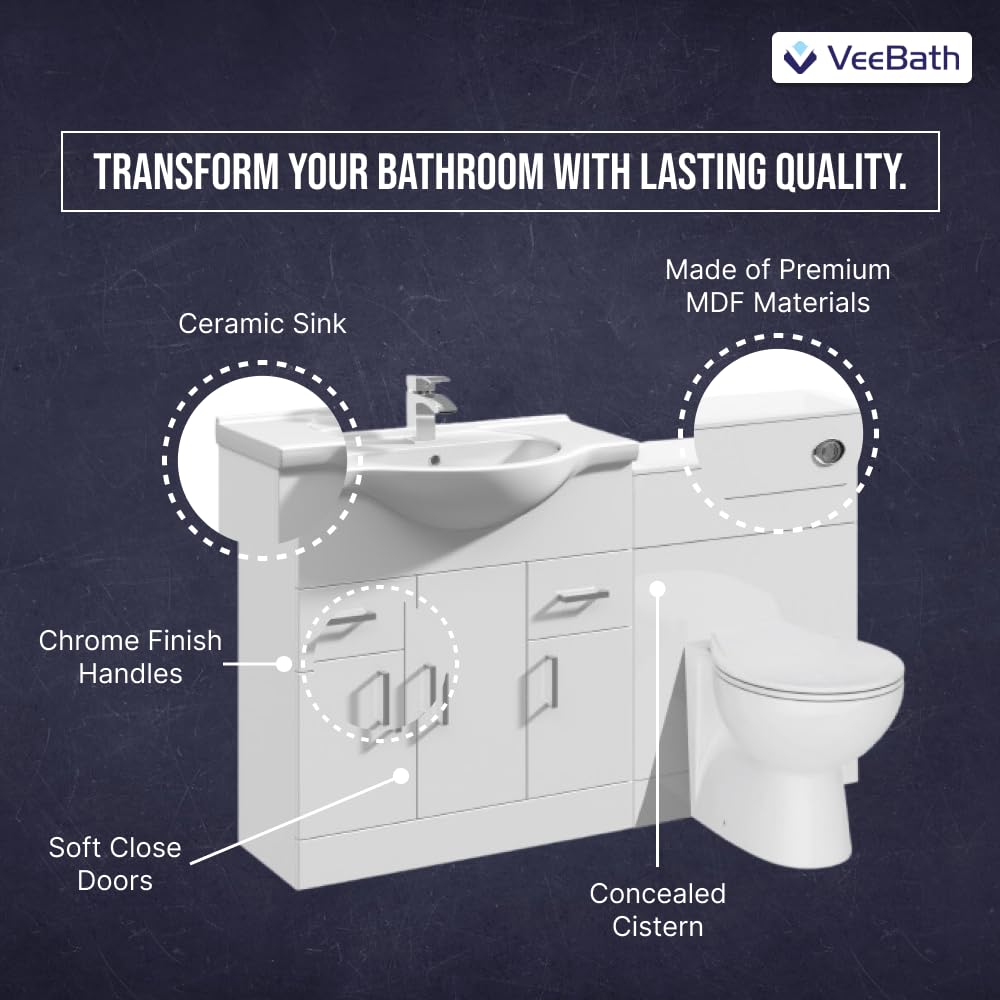 VeeBath Linx 1250 Vanity Unit Furniture Set, Wash Basin Bathroom Sink, WC, Toilet Pan, Soft Close, Quick Release Toilet Seat with Concealed Cistern-White (Flat Pack)